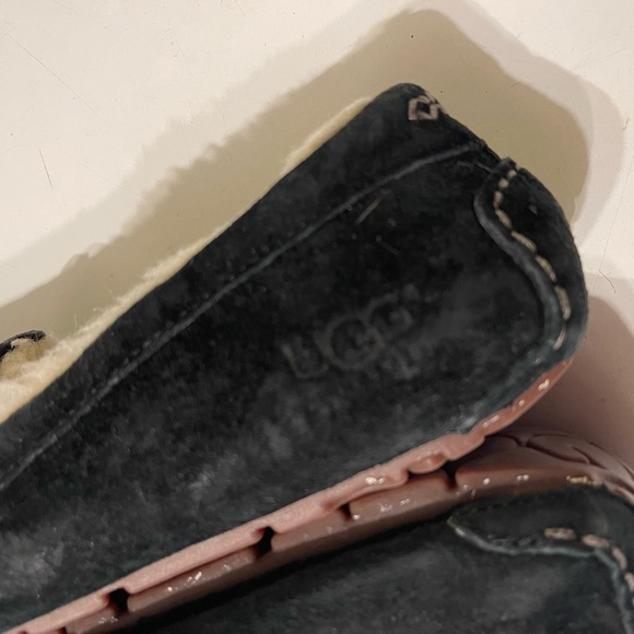 UGG Ansley 7 Black Suede Moccasin Slippers Shearling Fur Lined Lounge Shoe - Picture 8 of 10